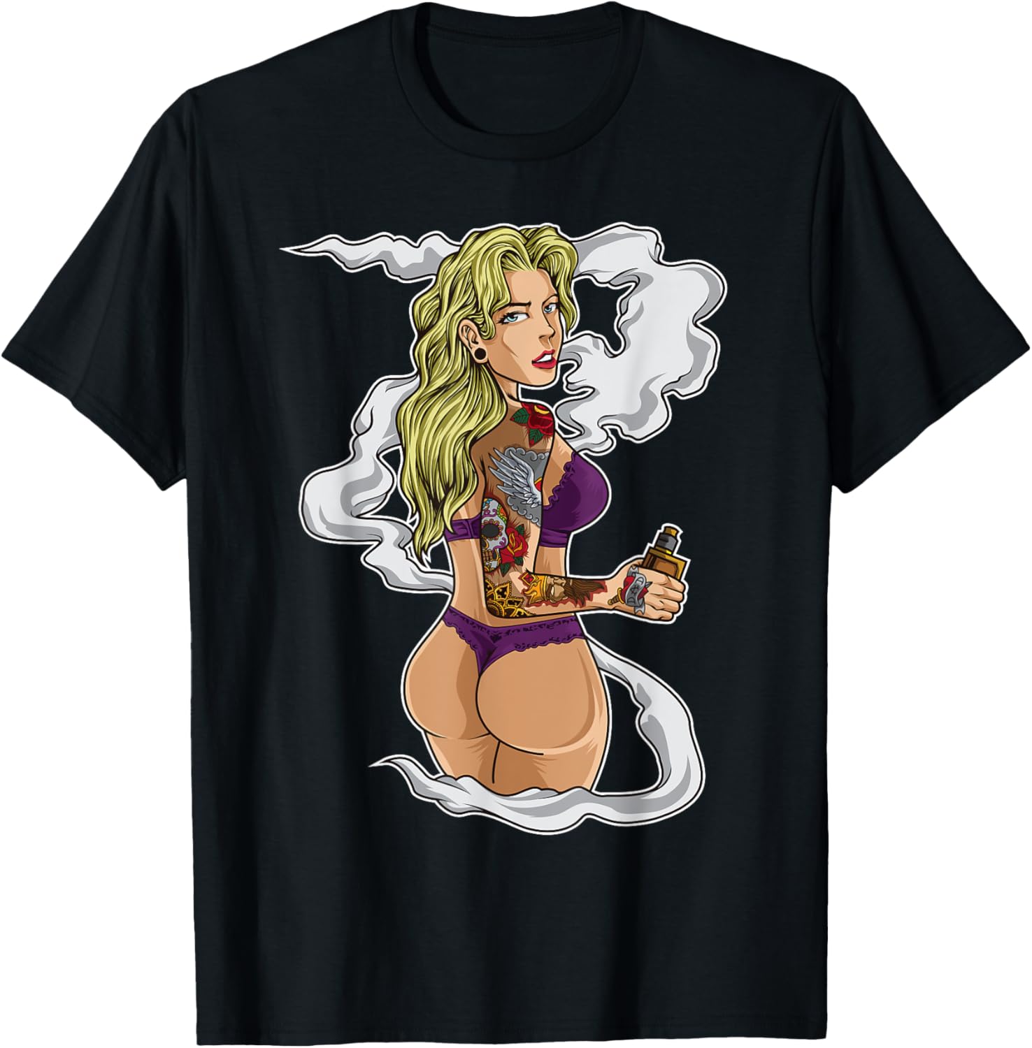 Vaping Shop - Tätowiertes Vaping Girl Grafik-T-Shirt E-Zigarette Vape